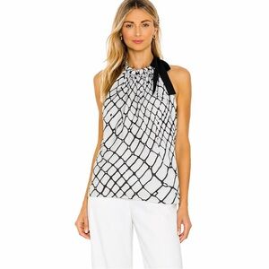 SoCa by St. John Silk One Shoulder Tie Blouse Small Black White Abstract Print